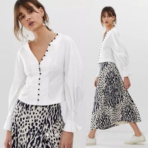 Ghospell Women's White V-Neck Blouse with Button Trim